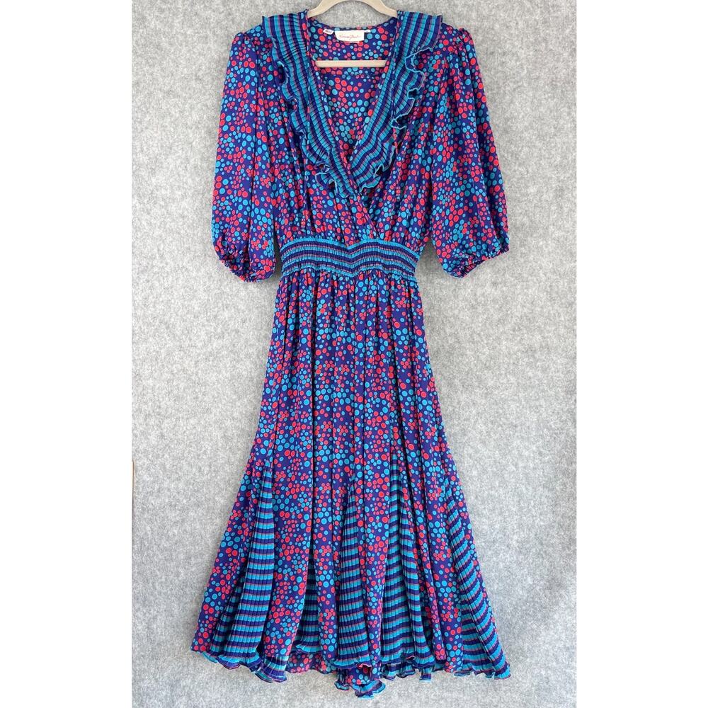 Vintage 80s Susan Freis Dress Womens Large Polka Dot Ruffle Smocked Pleated USA